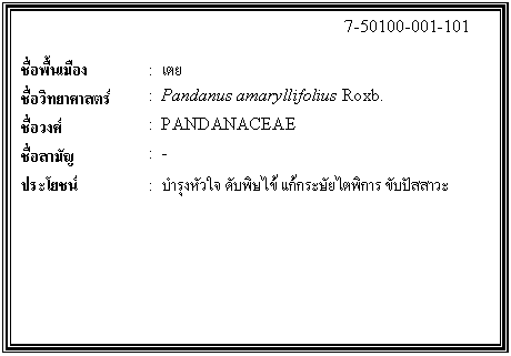 กล่องข้อความ: 7-50100-001-101 ชื่อพื้นเมือง : เตย ชื่อวิทยาศาสตร์ : Pandanus amaryllifolius Roxb. ชื่อวงศ์ : PANDANACEAE ชื่อสามัญ : - ประโยชน์ : บำรุงหัวใจ ดับพิษไข้ แก้กระษัยไตพิการ ขับปัสสาวะ
